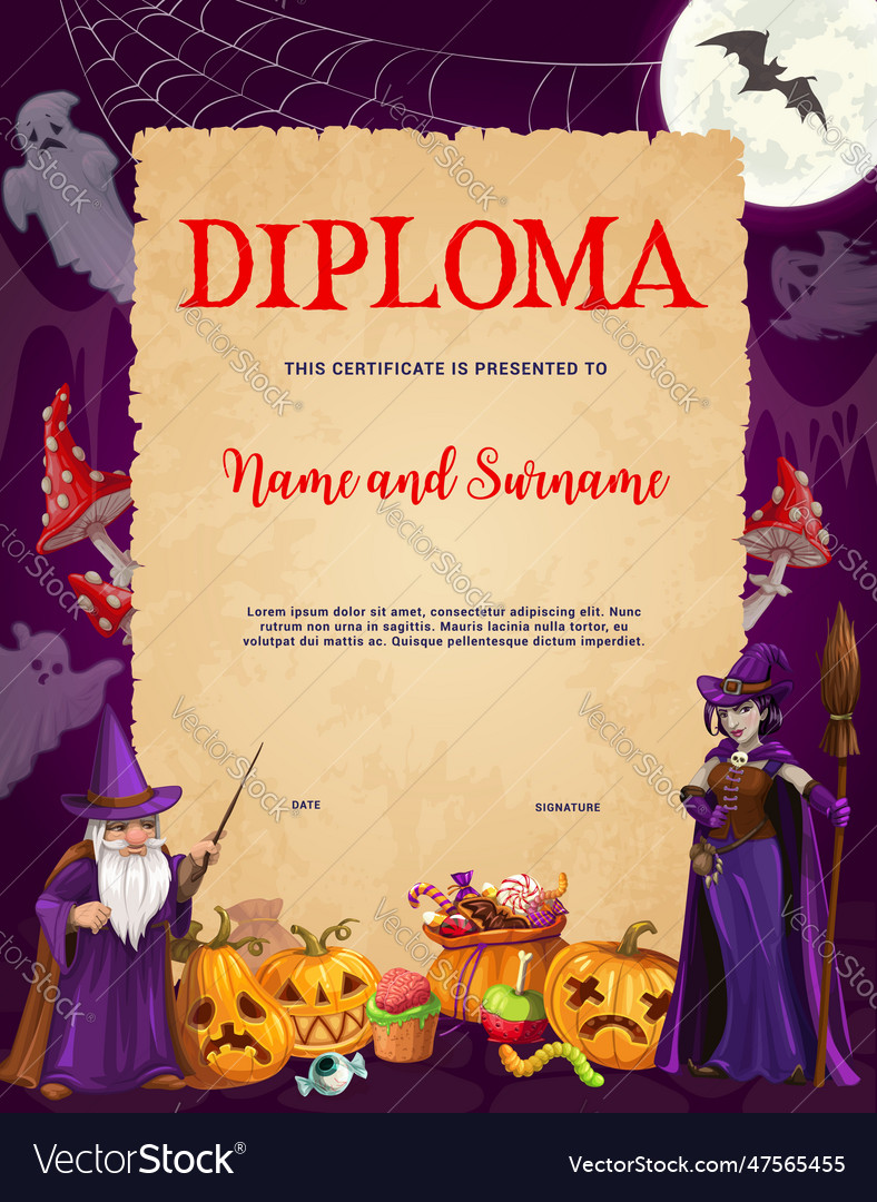 Kid halloween diploma wizard and witch characters Vector Image