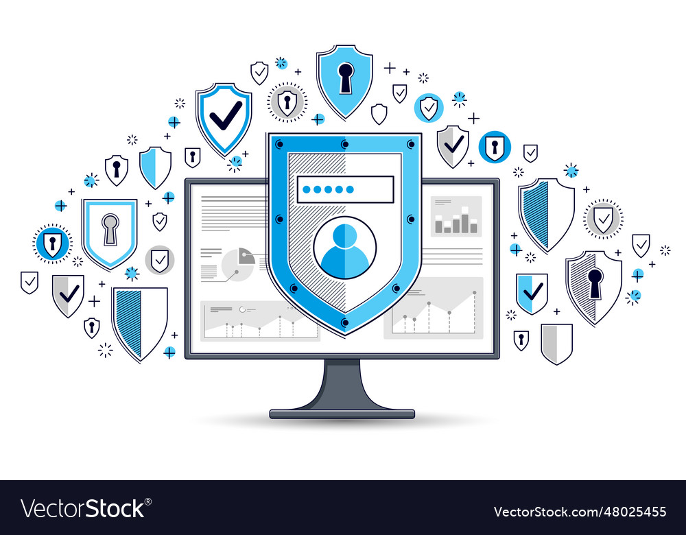 Shield over computer monitor and set of icons