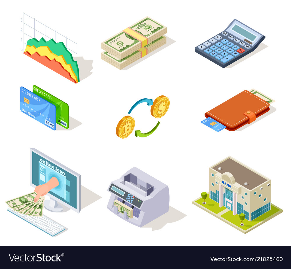 Bank isometric icons internet banking money and Vector Image