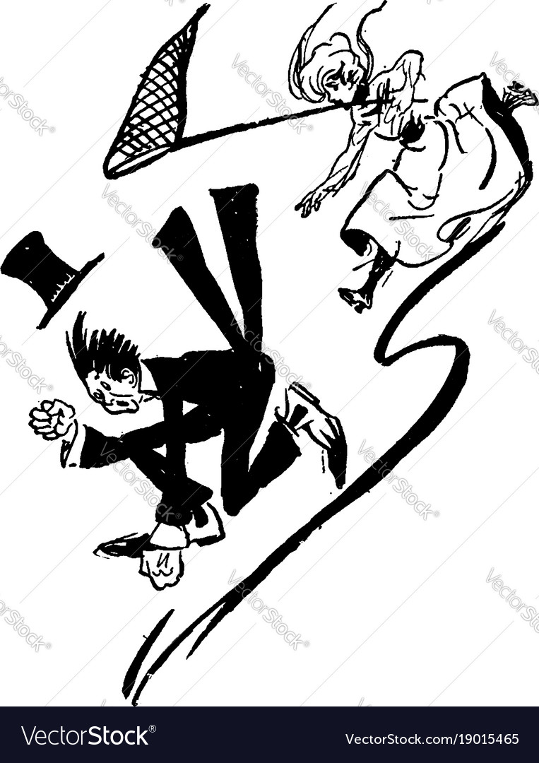 Cartoon of woman chasing man with net vintage