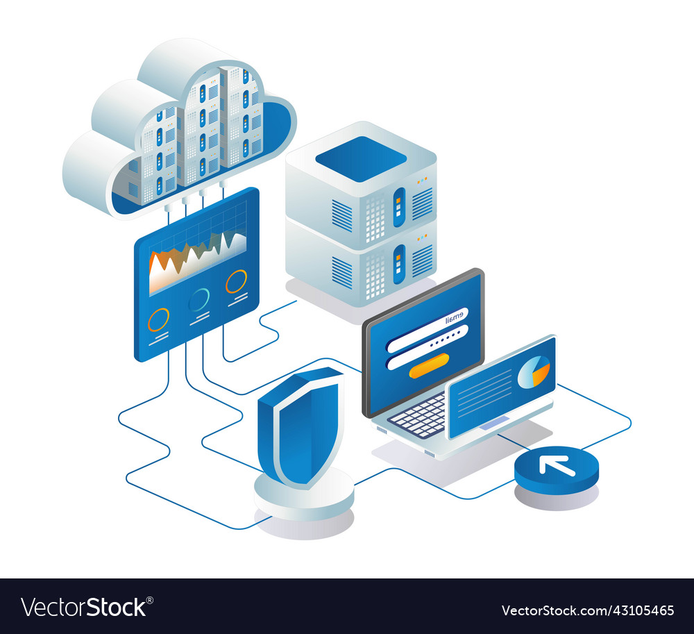 Flat concept isometric web server and cloud vector image Flat concept isometric web server and cloud
