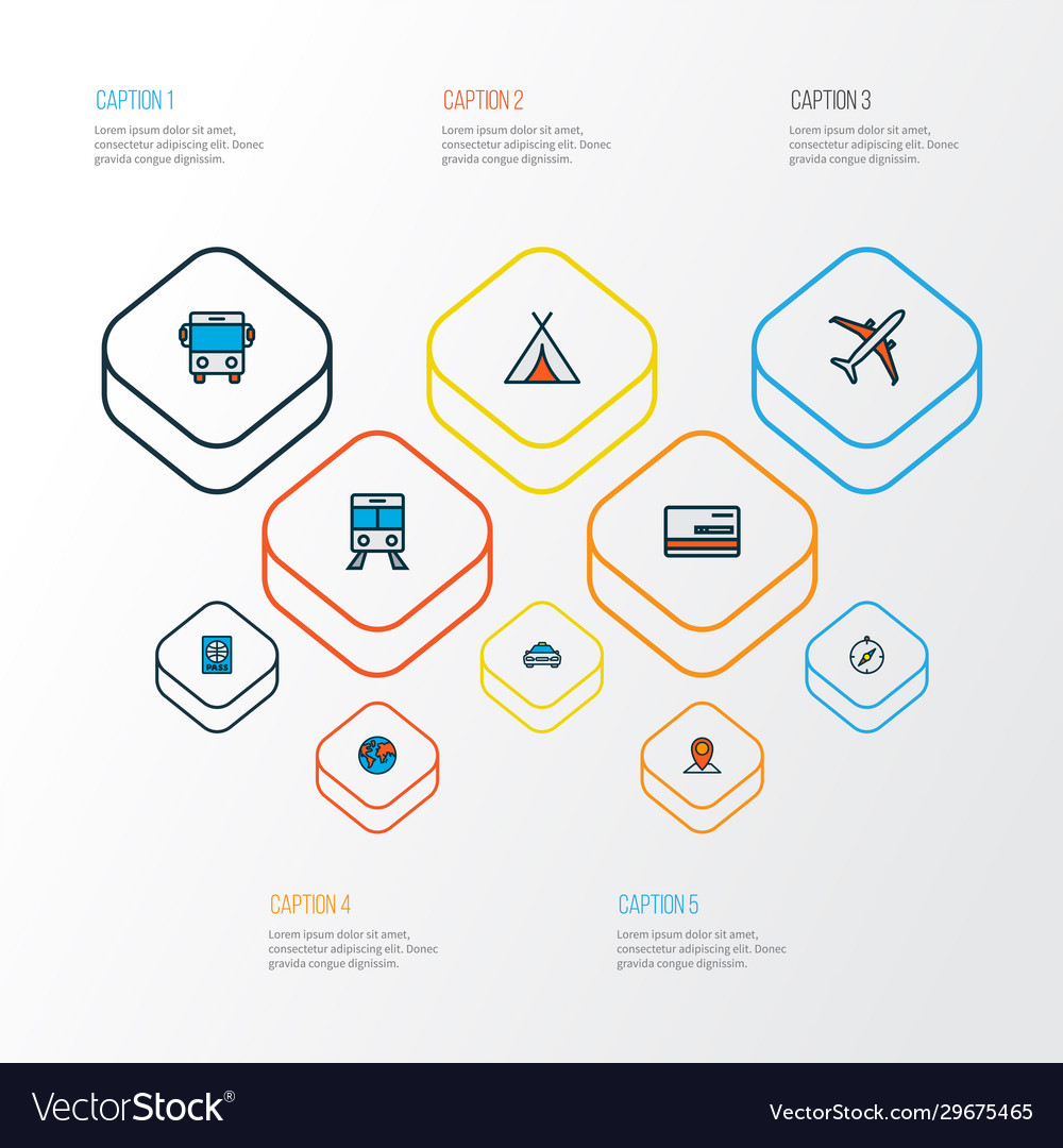 Journey icons colored line set with map pin vector image Journey icons colored line set with map pin