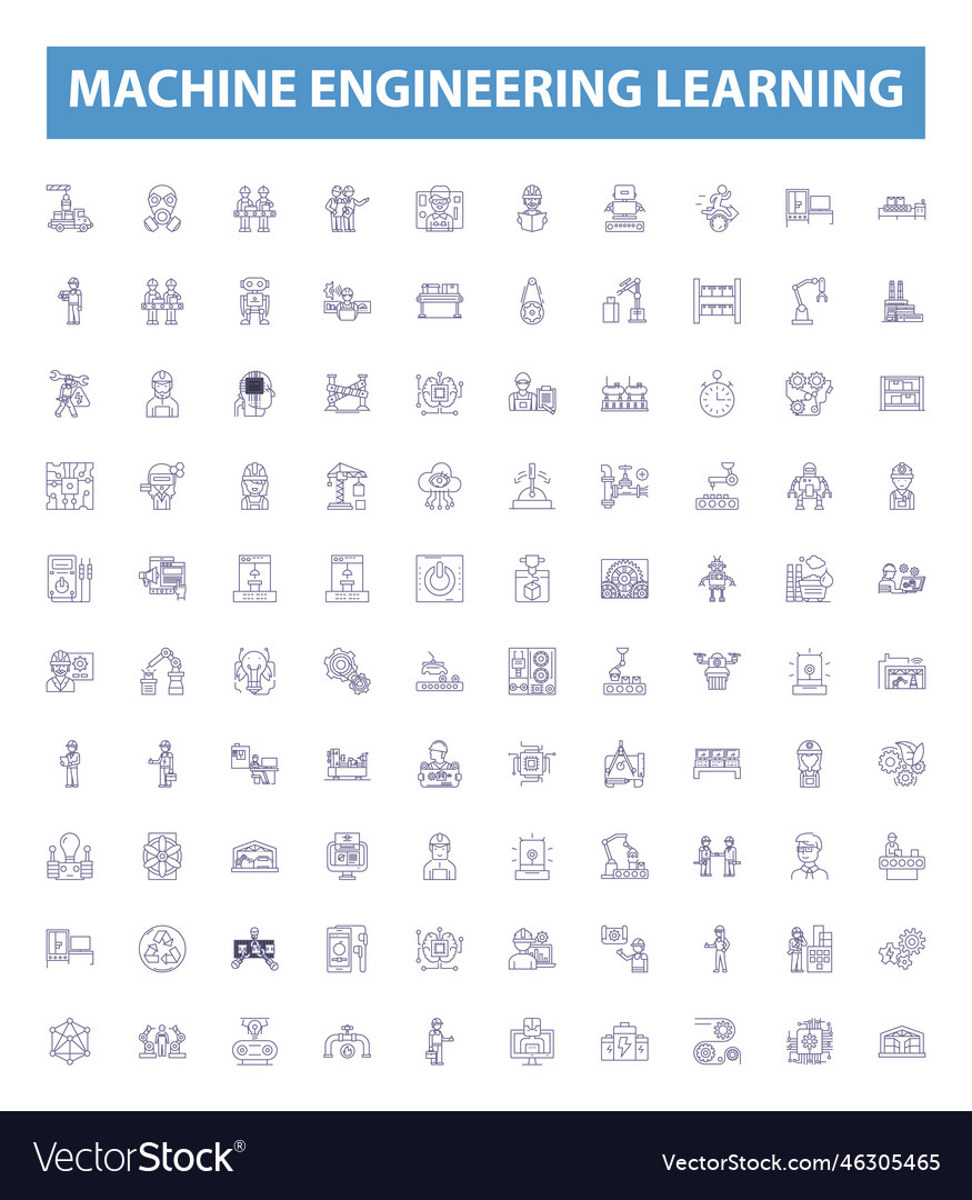 Machine engineering learning line icons signs set vector image Machine engineering learning line icons signs set