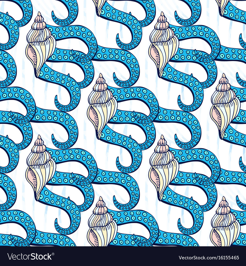 Shells seamless pattern with octopus tentacles
