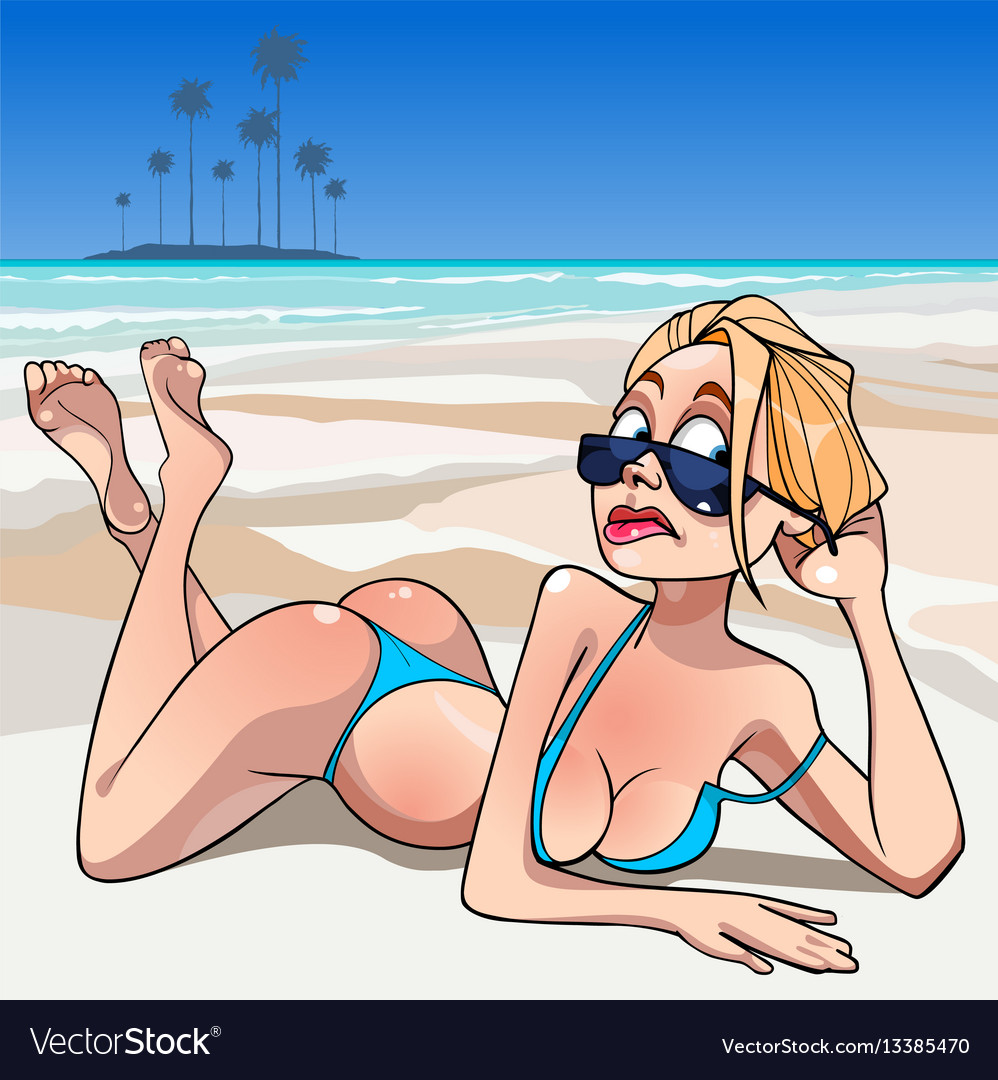 Funny cartoon girl in a swimsuit sunning