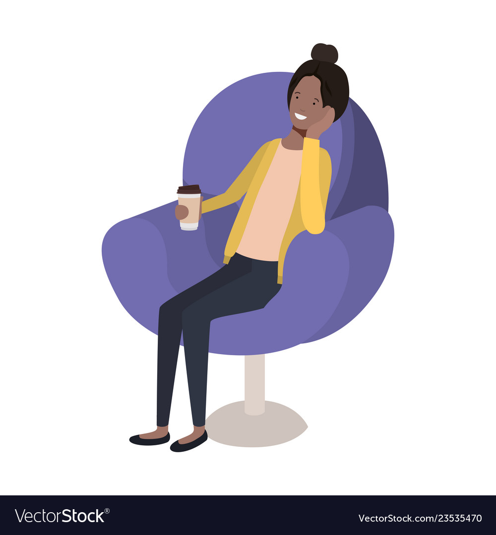 Young woman in chair container plastic coffee