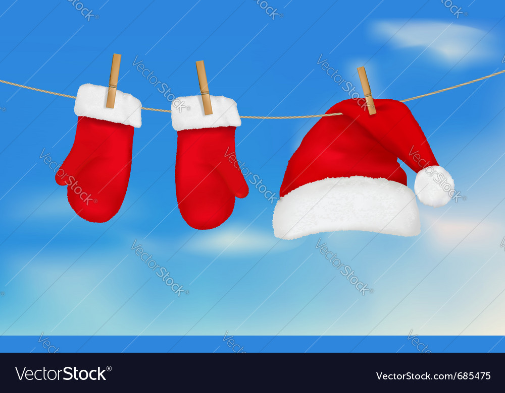 Santa hat and mittens hanging Royalty Free Vector Image