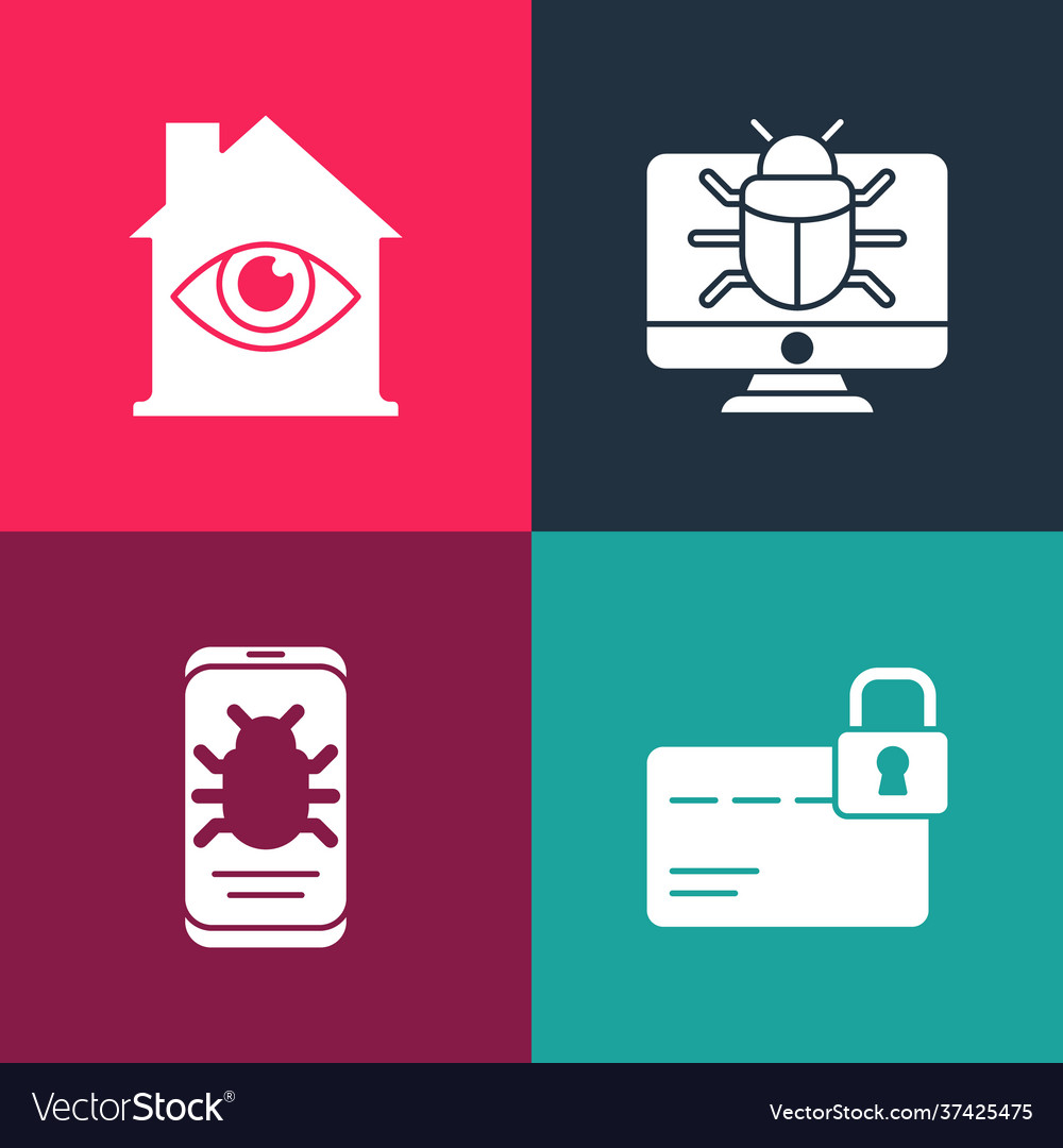 Set pop art credit card with lock system bug vector image Set pop art credit card with lock system bug