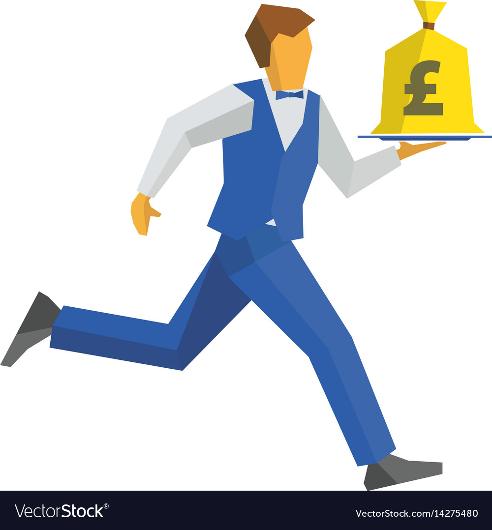 Waiter runs with money bag on a tray