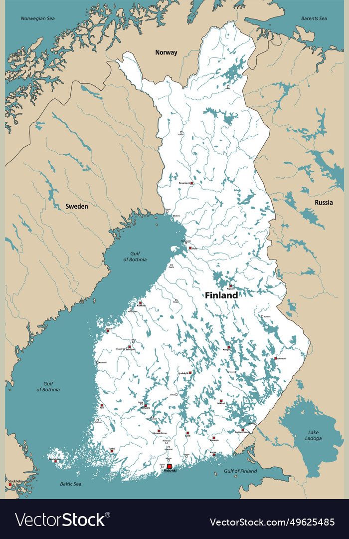 Finland lakes and rivers map with regions Vector Image