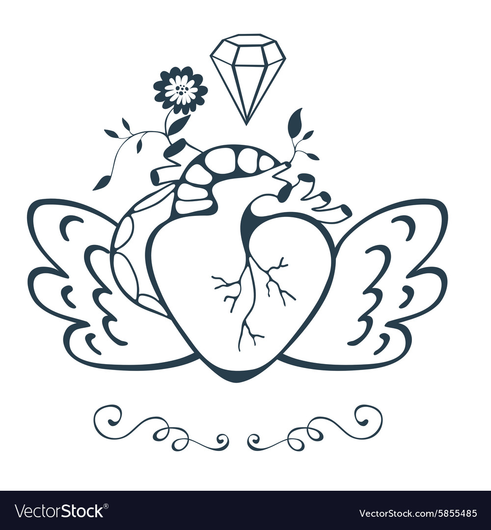 Vintage style emblem with human heart wings