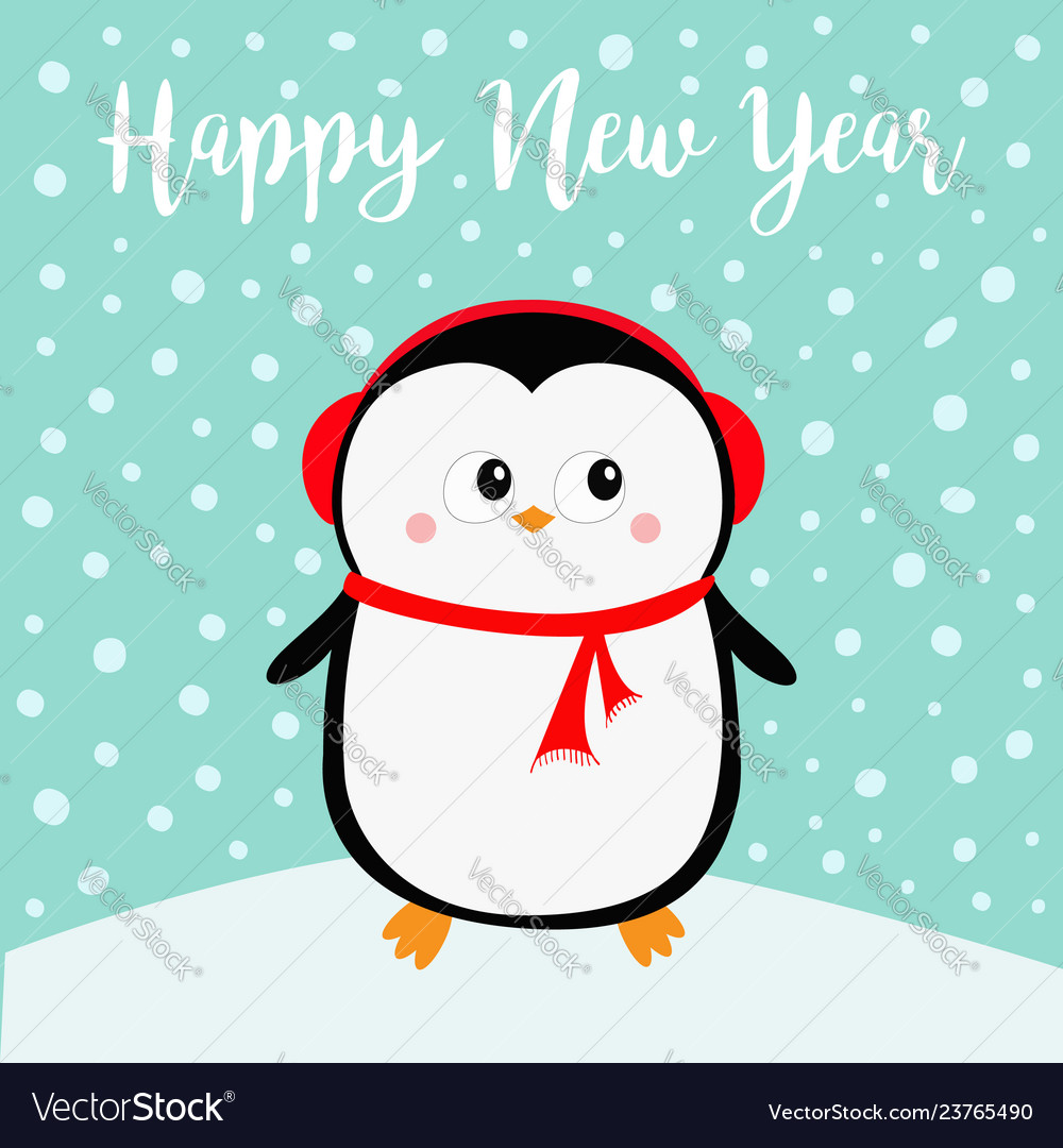 Happy new year penguin on snowdrift red Royalty Free Vector