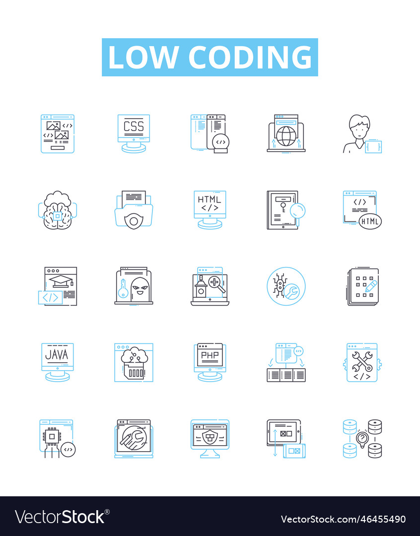 Low coding line icons set no-code visual vector image Low coding line icons set no-code visual