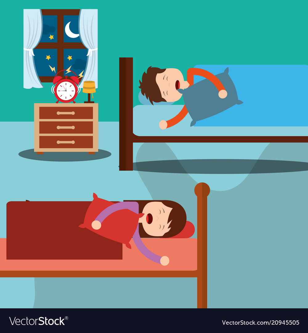 Bedroom with kids sleeping in beds room bedside vector image Bedroom with kids sleeping in beds room bedside