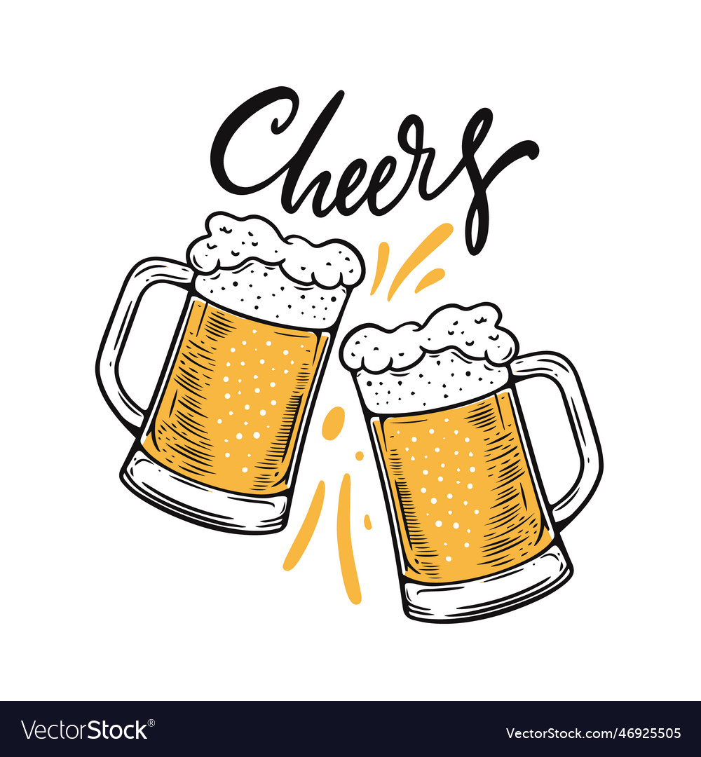 Cheers lettering phrase and two beer Royalty Free Vector