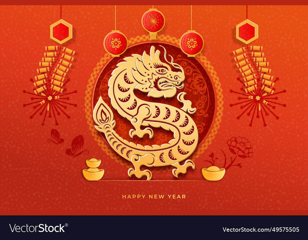 Gold dragon on red ingot firecracker banner Vector Image