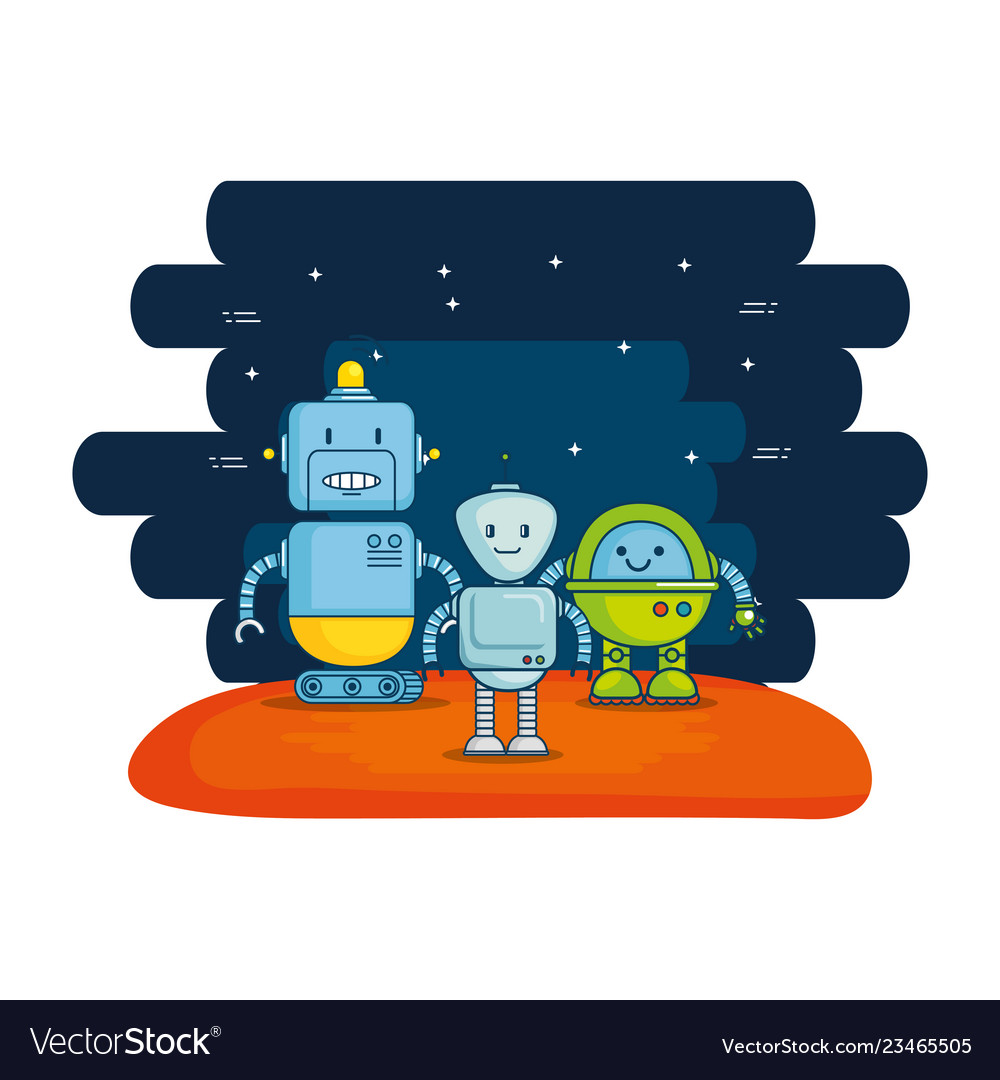 Group of cute robots with universe background vector image Group of cute robots with universe background
