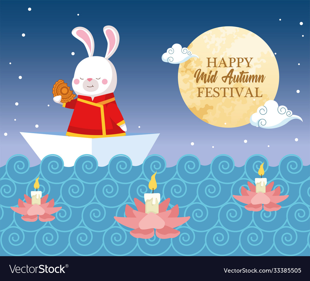 Rabbit cartoon in traditional cloth with mooncake