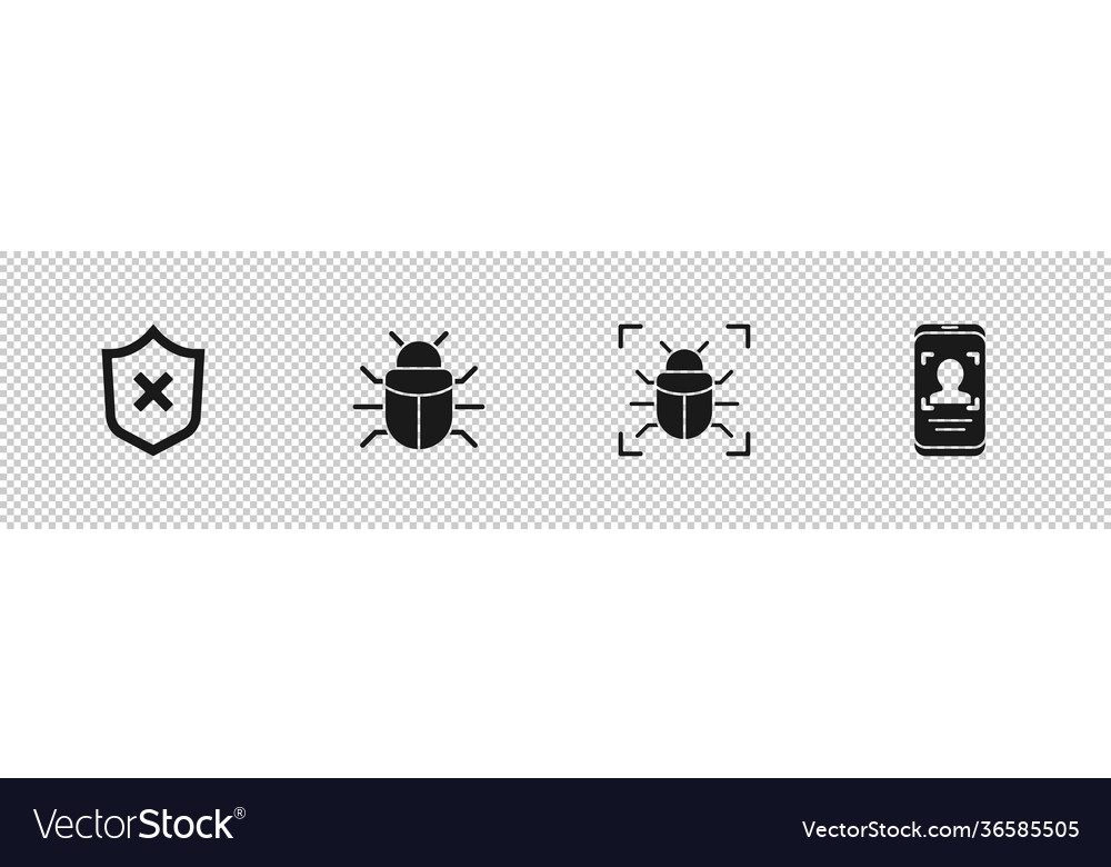 Set shield with cross mark system bug and mobile vector image Set shield with cross mark system bug and mobile