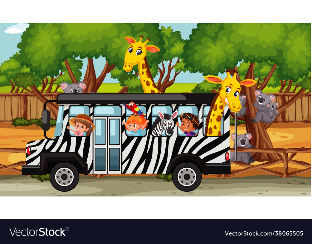 Zoo scene with children in bus touring Royalty Free Vector