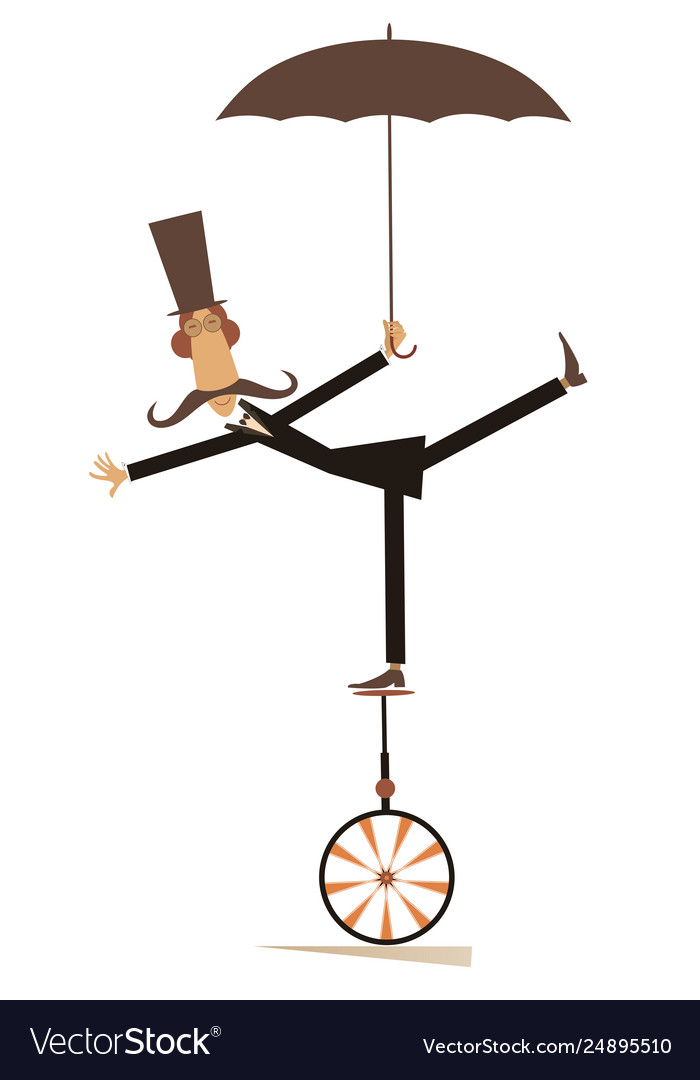 Mustache man in top hat rides on unicycle