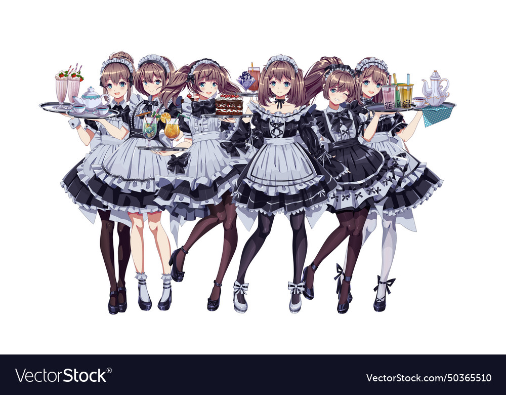 Pretty girls in maid cafe costumes color