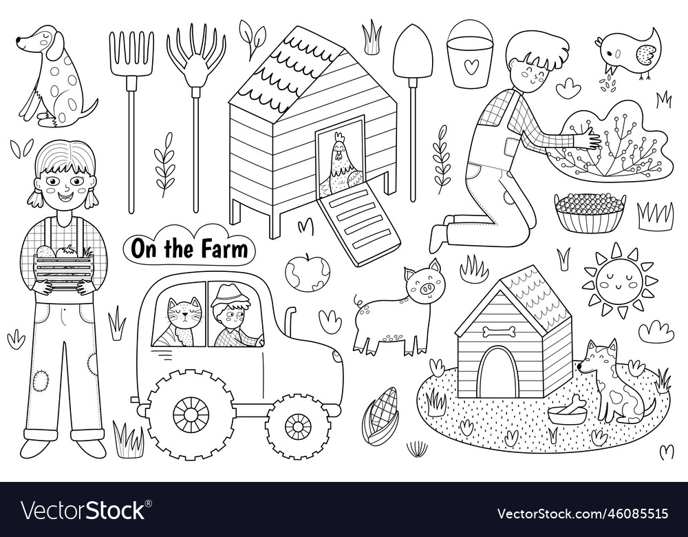 On the farm cute set with animals and kids farmers