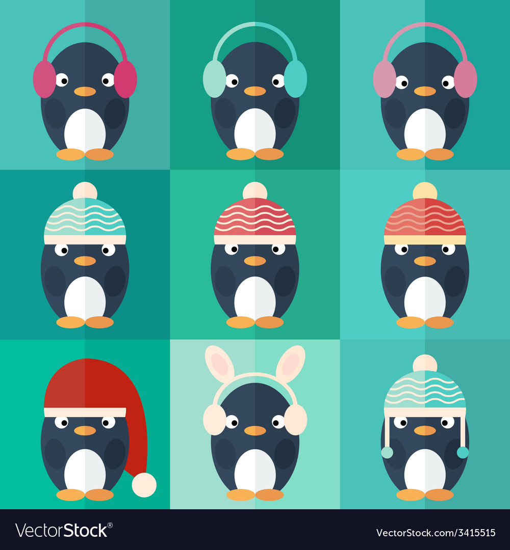 Penguins icons set in flat design Royalty Free Vector Image