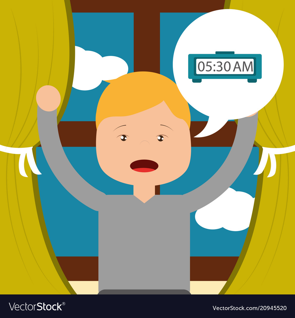 Little boy wake up clock and window background