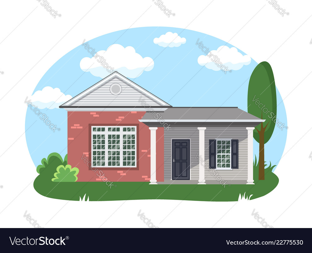 Cartoon House Exterior With Blue Clouded Sky Front