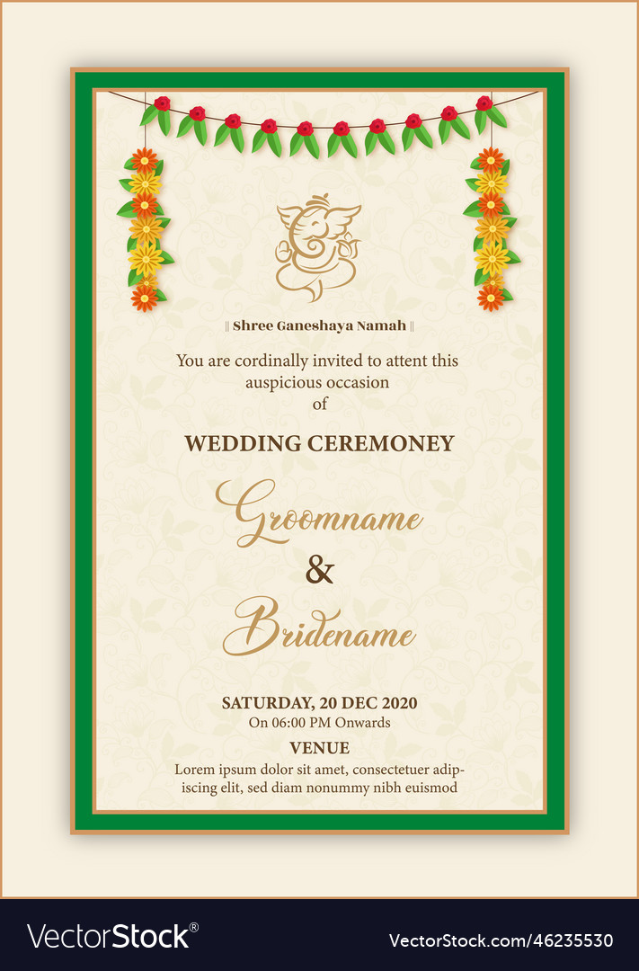 Indian wedding invitation card Royalty Free Vector Image