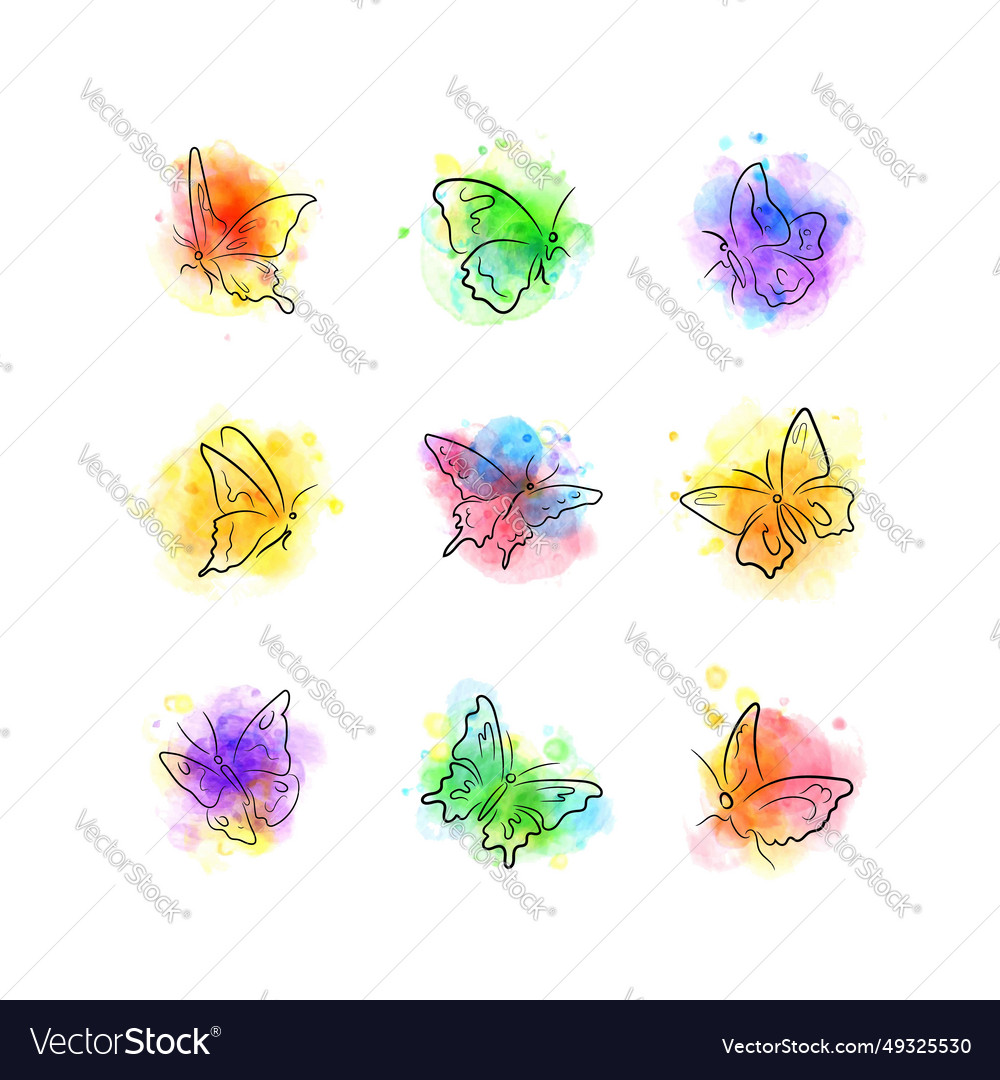 Set of hand-drawn butterflies ink watercolor vector image Set of hand-drawn butterflies ink watercolor