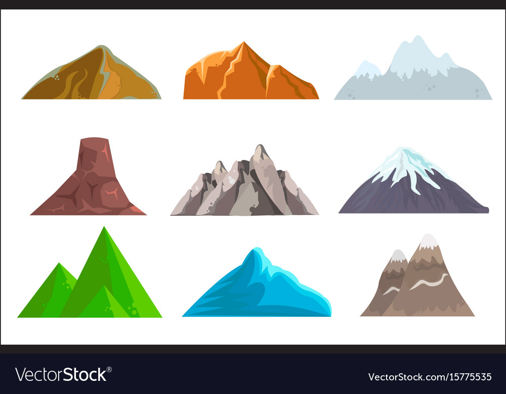 Cartoon hills and mountains set isolated