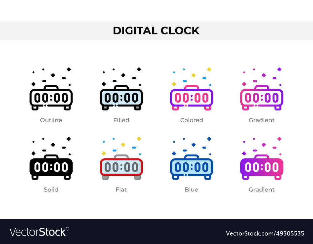Digital clock icons in different style vector image Digital clock icons in different style
