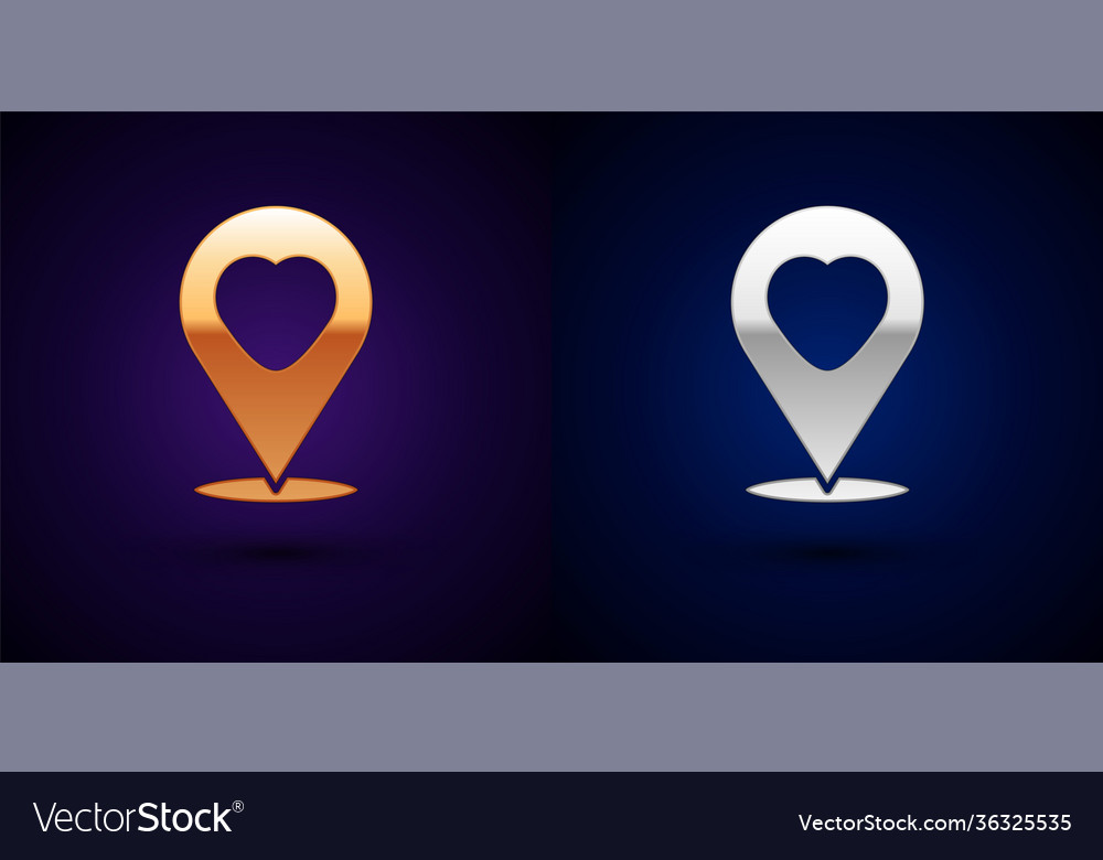 Gold and silver map pointer with heart icon vector image Gold and silver map pointer with heart icon