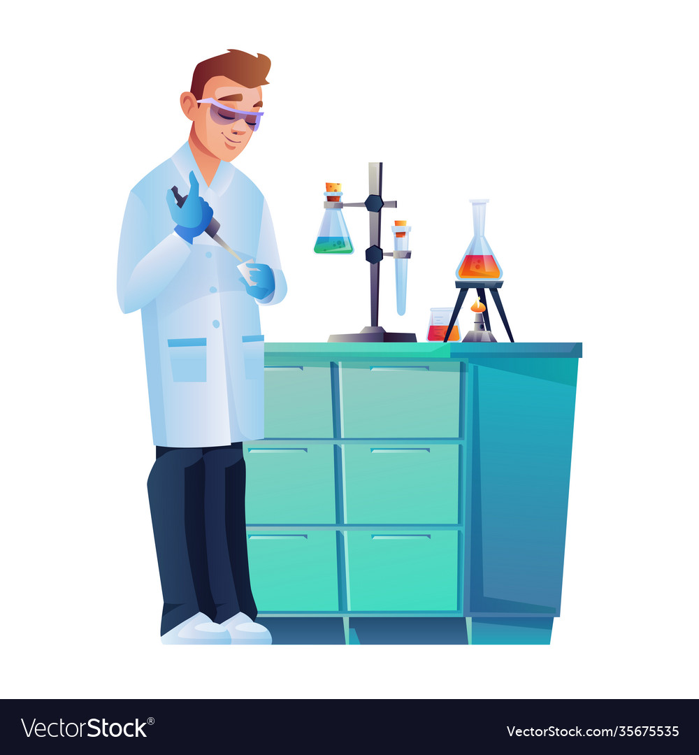 Scientist with chemical flask conduct experiment Vector Image