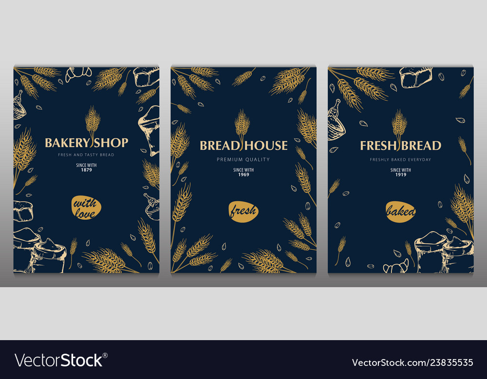 Set of bakery backgrounds with wheats linear vector image Set of bakery backgrounds with wheats linear
