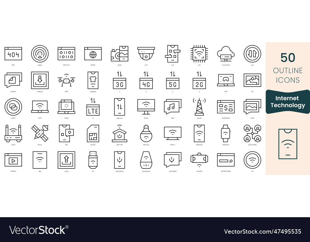 Set of internet technology icons thin linear vector image Set of internet technology icons thin linear