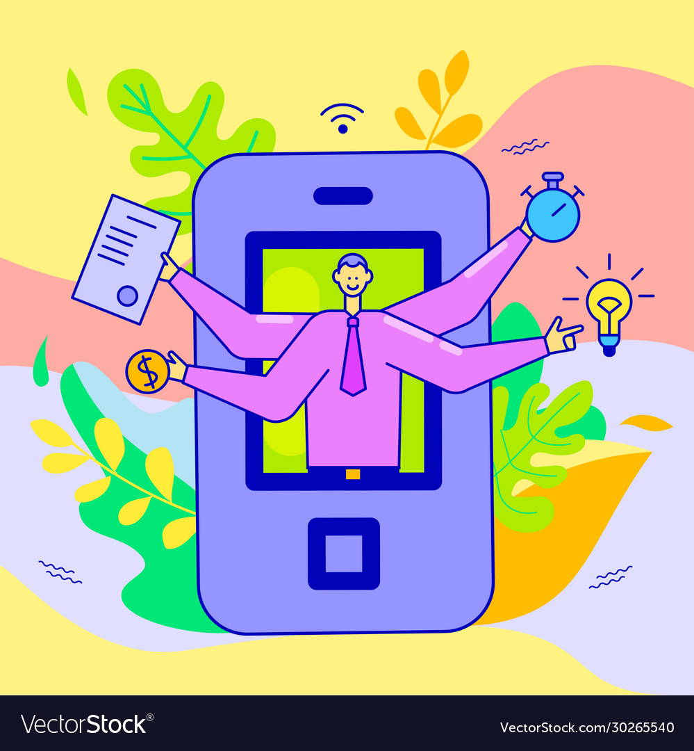 Concept banking banner with character multitasking vector image Concept banking banner with character multitasking