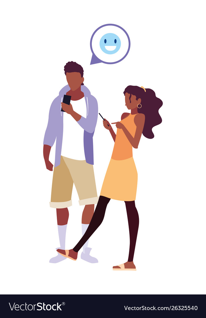 Man and woman characters using smartphone