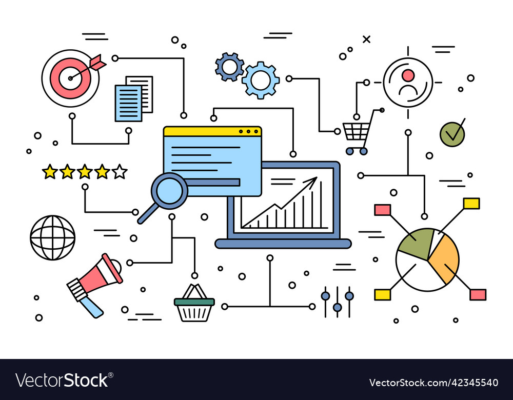 Seo optimization concept contour linear style vector image Seo optimization concept contour linear style