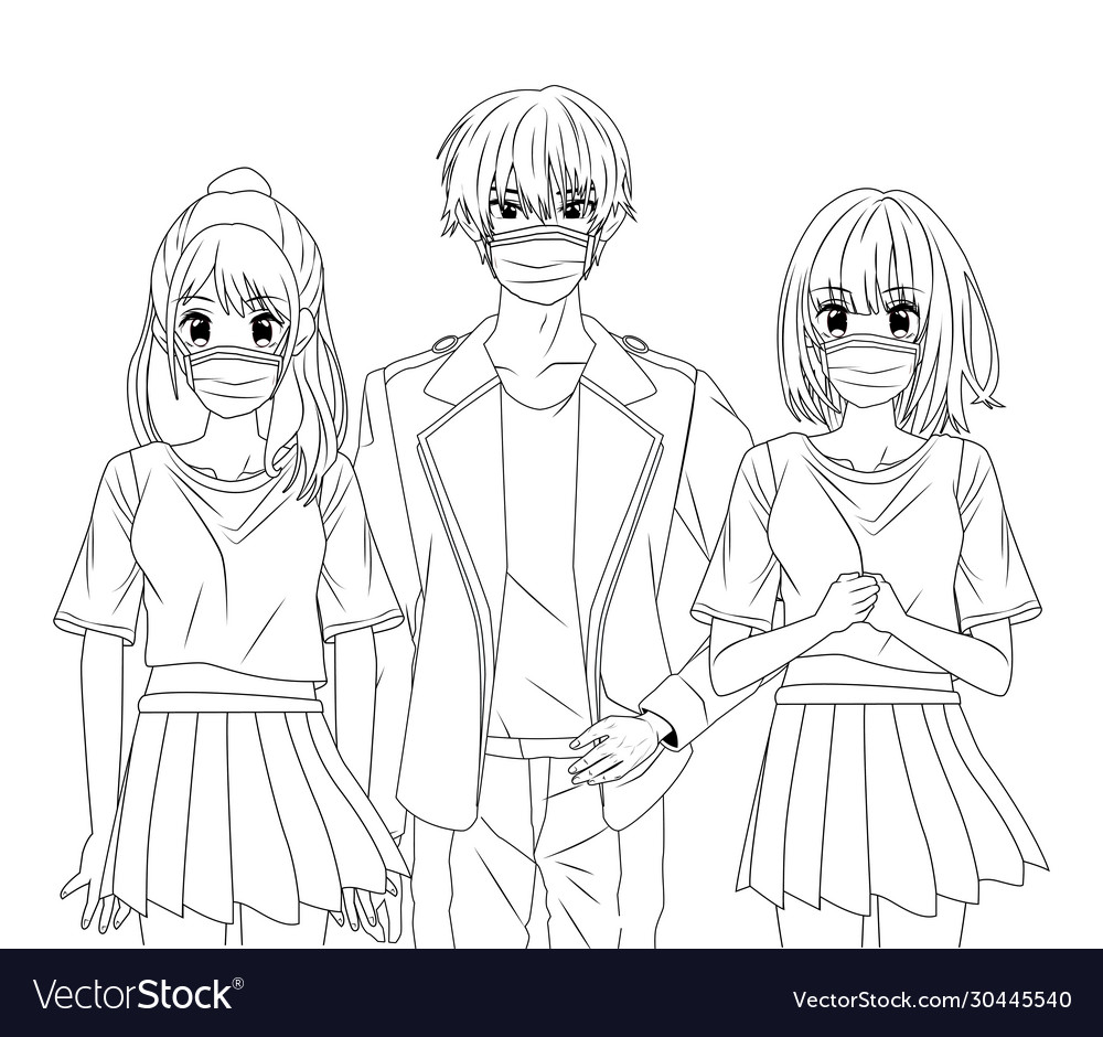 Young people using face masks anime characters vector image Young people using face masks anime characters