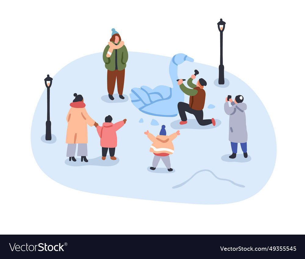 Sculptor making ice sculpture carving frozen swan Vector Image