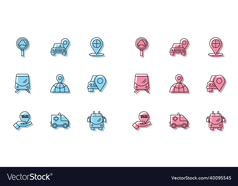 Set line hand on map pointer with taxi ambulance vector image Set line hand on map pointer with taxi ambulance
