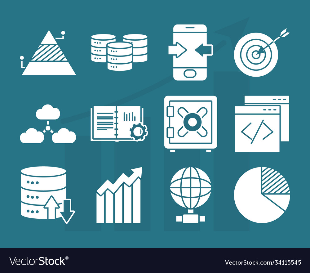 Strongbox and data analysis icon set silhouette