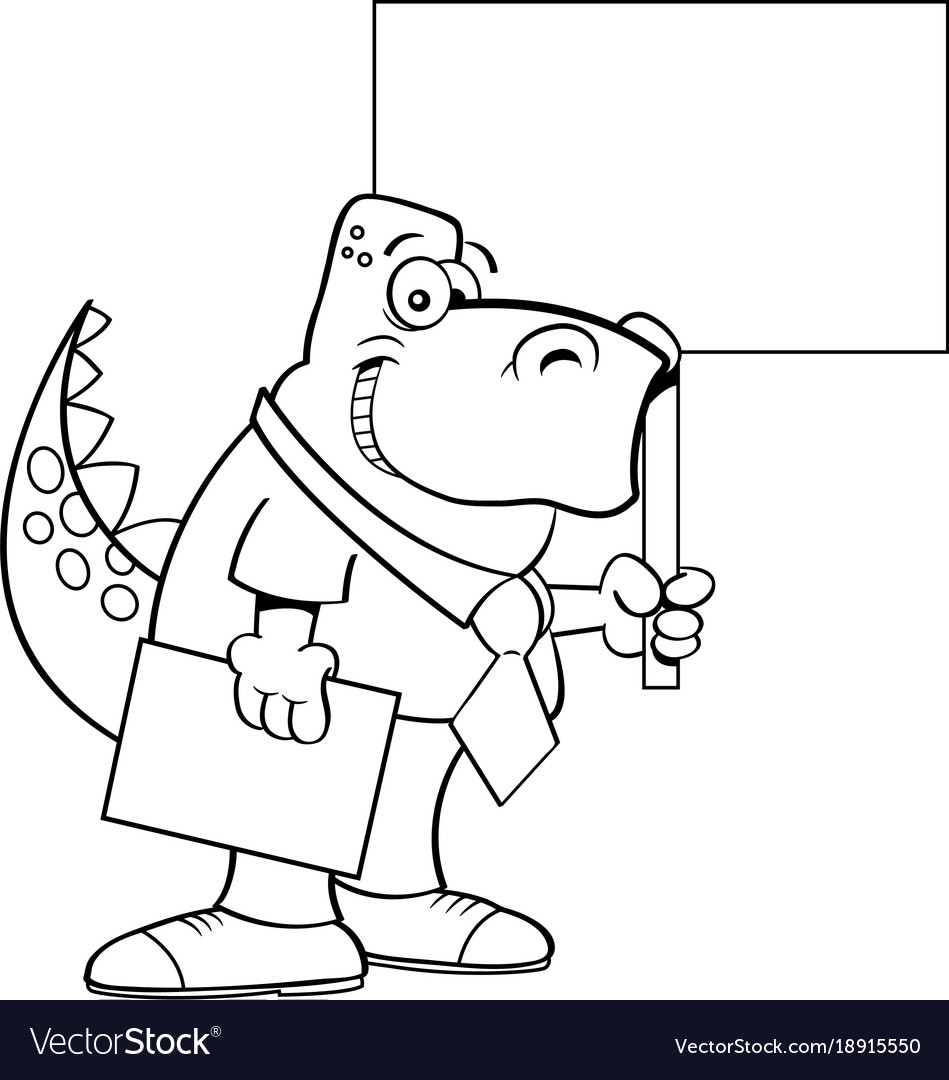 Cartoon dinosaur wearing a tie and holding sign