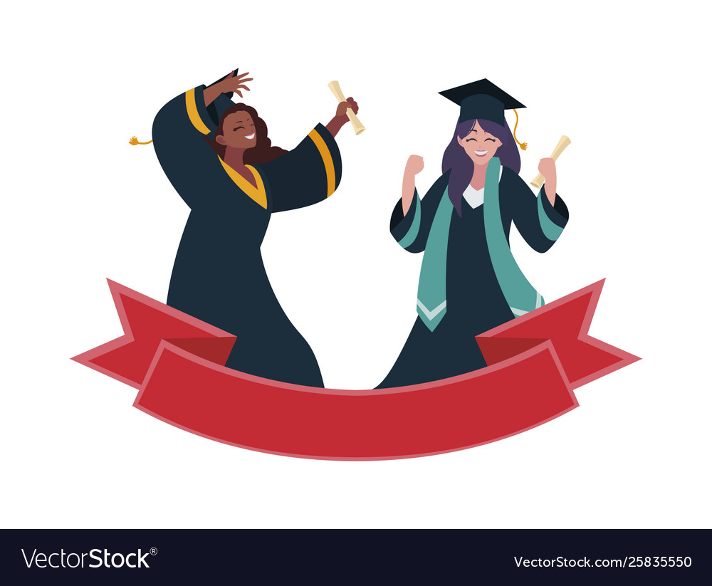 Interracial women students graduated celebrating