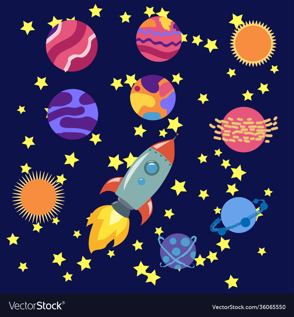 Space cartoon icons set planets rockets ufo Vector Image