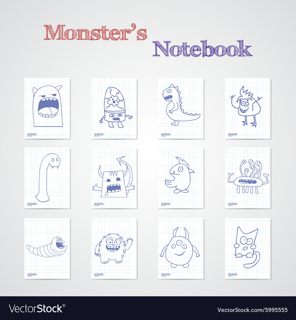 Set of eight notebook sheets with funny monsters