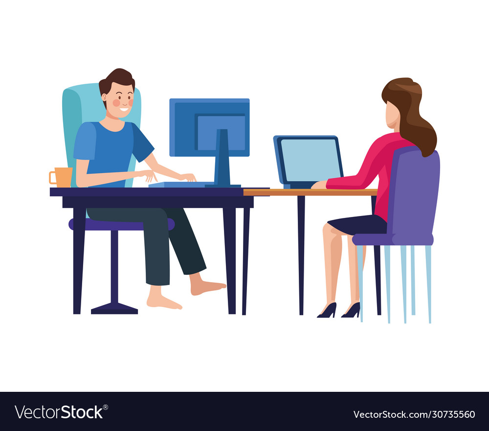 Couple in desktop working characters vector image Couple in desktop working characters